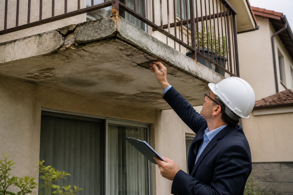 A licensed structural engineer or architect in professional attire performing a hands-on inspection of a balcony, using inspection tools and clipboard to document findings with natural daylight illuminating the work