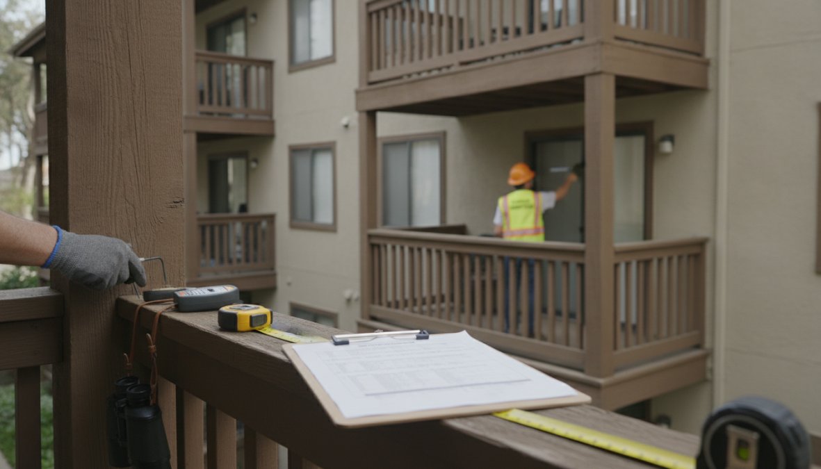 Licensed structural engineer performing close-up examination of balcony waterproofing, flashings, and load-bearing connections with inspection clipboard and tools visible