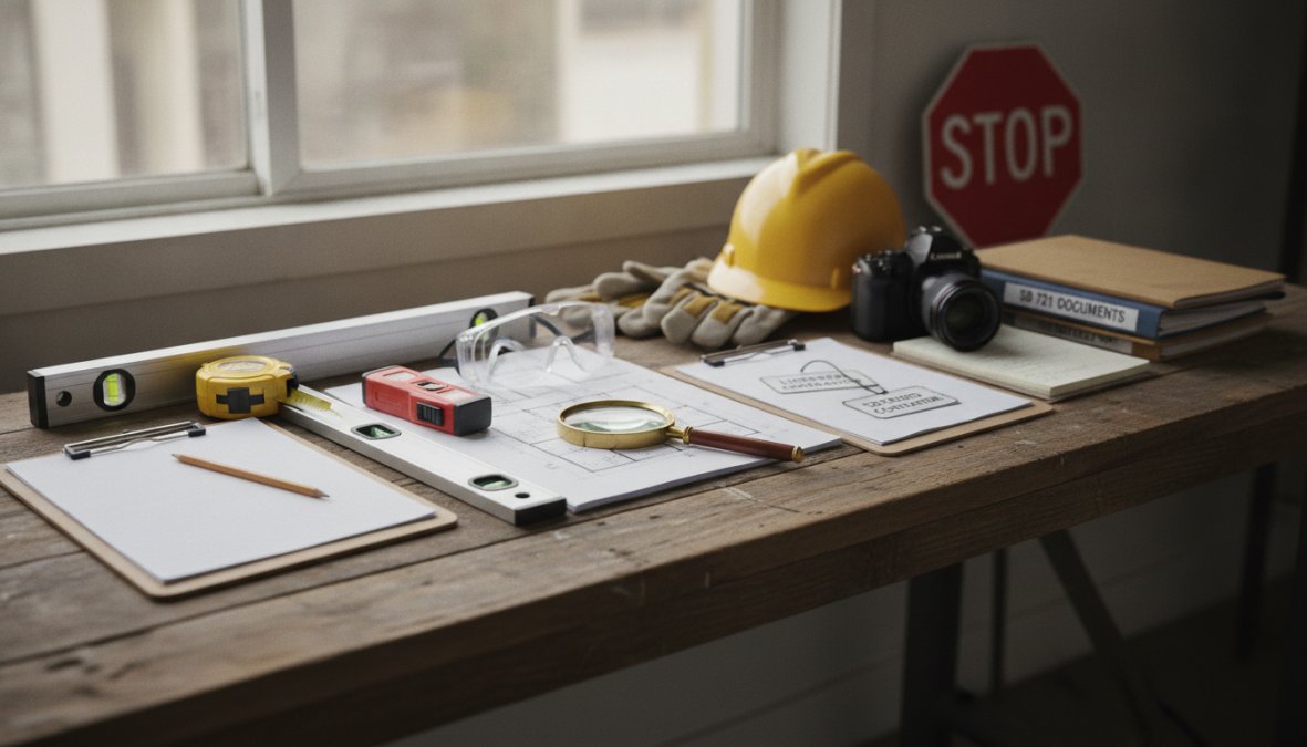 Licensed structural engineer in a hard hat and safety vest performing a visual inspection of a second-floor apartment balcony, examining railing connections and decking with a clipboard and measuring tape, in bright afternoon sunlight