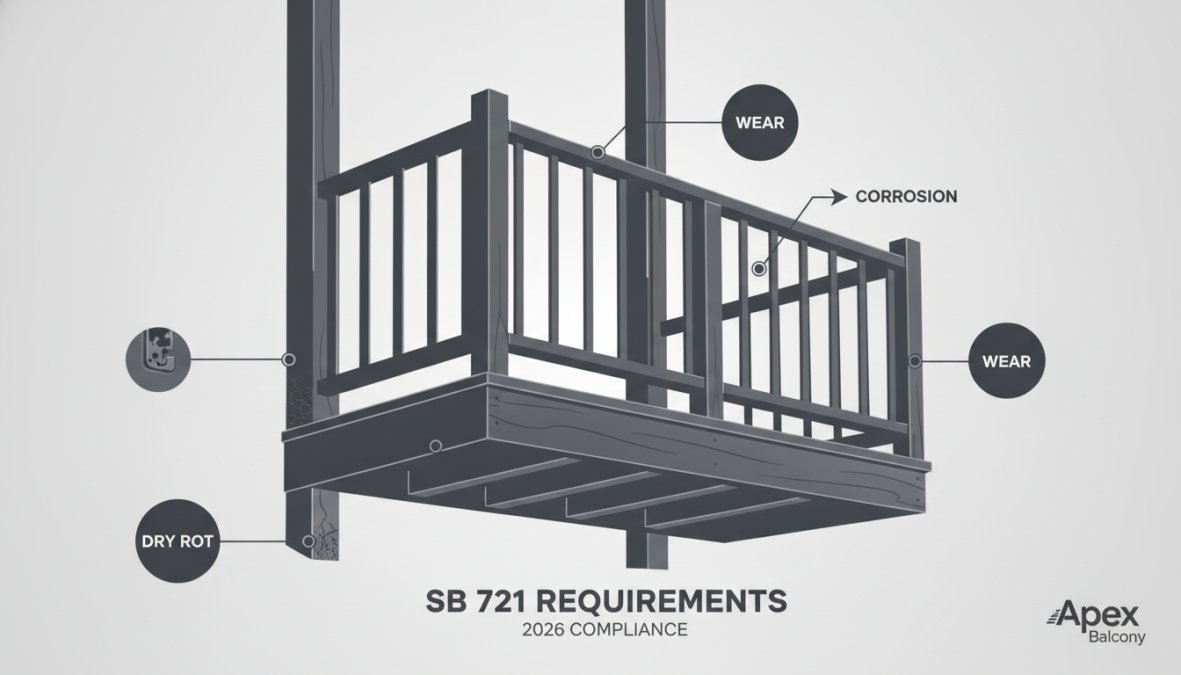 Close-up view of a residential balcony showing wooden support structure, railings, and visible signs of weathering, moisture damage, and potential dry rot on exterior-facing wood components in natural daylight