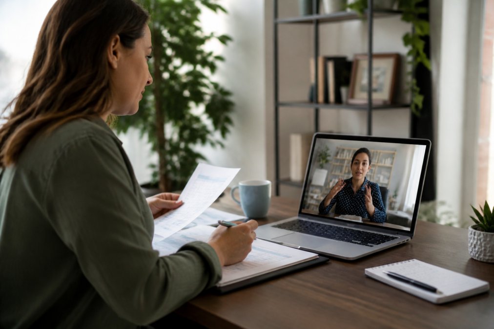 Small business owner sitting at desk with laptop, reviewing business documents and notes during a consultation call with advisor on video screen, natural office lighting
