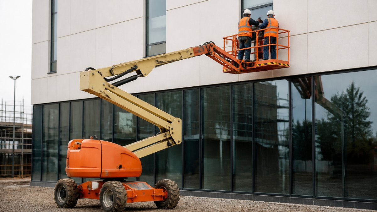 Mobile elevated work platform positioned against building façade with workers safely secured on platform at height, demonstrating equipment stability and safe working access