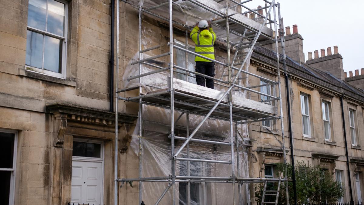 Alloy scaffold tower erected on the front of a terraced Bath stone townhouse with protective coverings on stonework, scaffolder in high-visibility clothing on platform adjusting framework