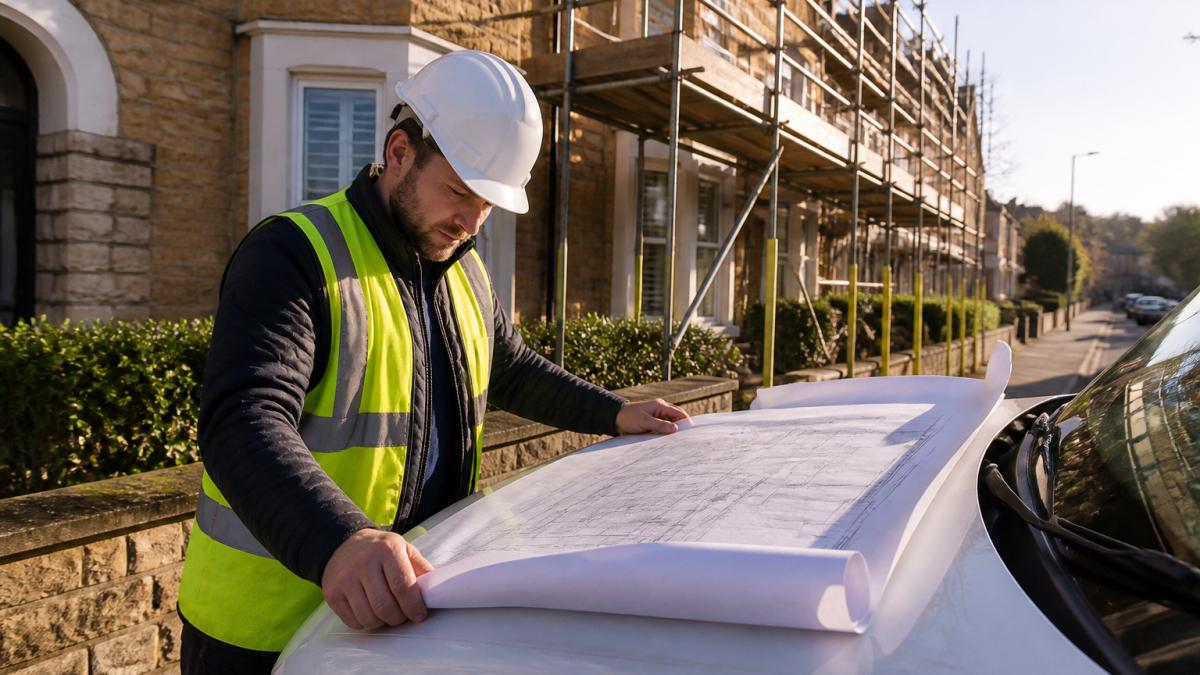 A scaffolder in a high-visibility vest and hard hat unrolling a site plan on the bonnet of a van, with a residential house and pavement visible behind him in soft morning light