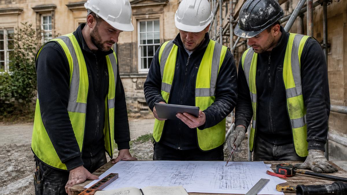 Professional scaffolding team on site assessing a period property, measuring structural elements and reviewing detailed plans on tablet with hand-drawn sketches and measurement tools visible on workbench
