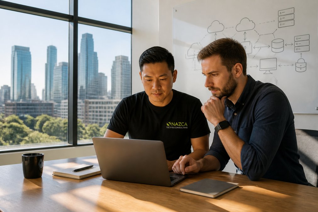Two startup founders reviewing a cloud infrastructure plan on a laptop in a modern Houston office, a whiteboard with network diagrams visible in the background, bright natural lighting
