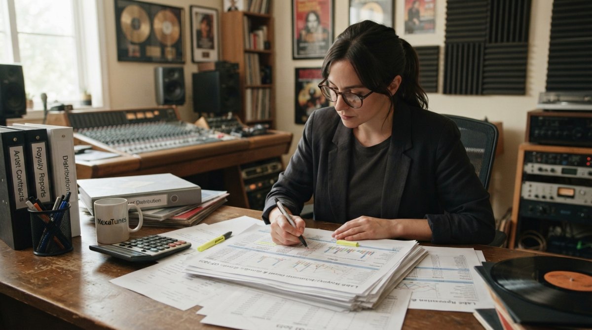 Label manager reviewing detailed royalty reports and streaming analytics on a computer monitor in a professional music studio office with natural window lighting, showing columns of artist names, platform-level earnings, and monthly payout summaries
