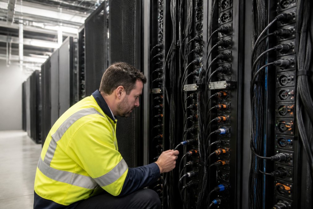 Professional data centre technician inspecting high-density server rack installation with multiple power distribution units, organized cabling infrastructure, and thermal monitoring equipment in modern facility