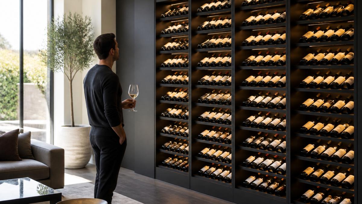 Modern living room with sleek matte black modular wine wall displaying bottles with warm accent lighting, integrated into sophisticated interior design with comfortable seating nearby