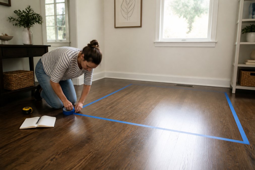 A person kneeling on a hardwood floor in a small living room, placing blue painter's tape to outline where a sofa will go, with a measuring tape and notebook nearby