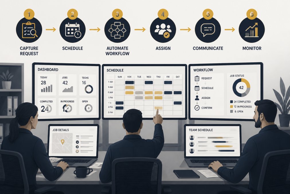 Workflow dashboard visualizing how to scale home services without staff through automated scheduling systems