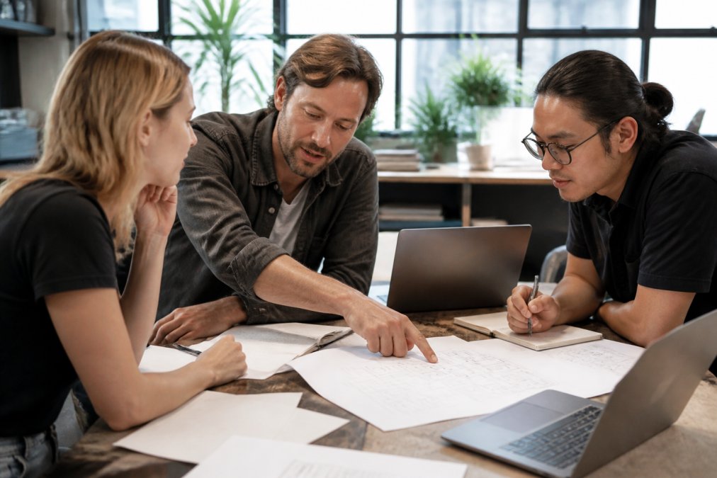 Business consultant working alongside team members in an office, reviewing systems documentation and processes together on a desk with laptops and printed flowcharts