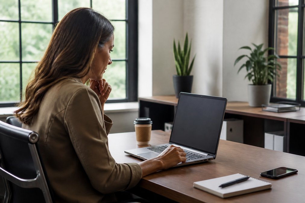 Business owner reviewing lead scoring dashboard on laptop screen with CRM interface visible, coffee and notepad on desk in modern office