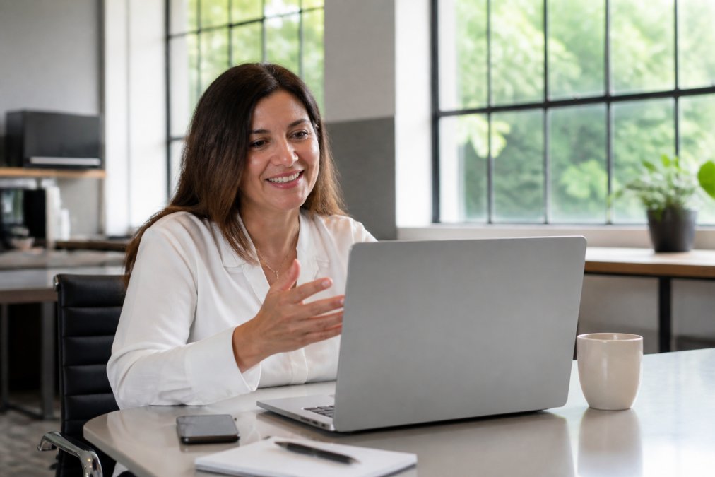 Sales professional on video call with client, showing engaged conversation and relationship building in modern office with natural lighting from windows