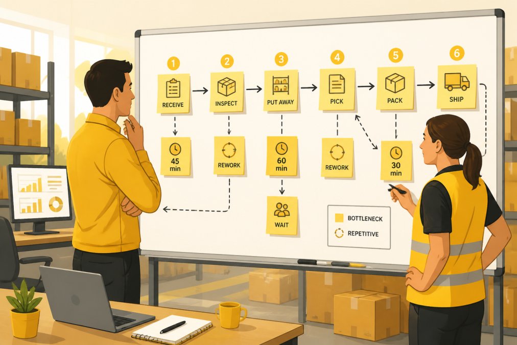 Operations manager and team member reviewing whiteboard workflows to scale operations in a warehouse office