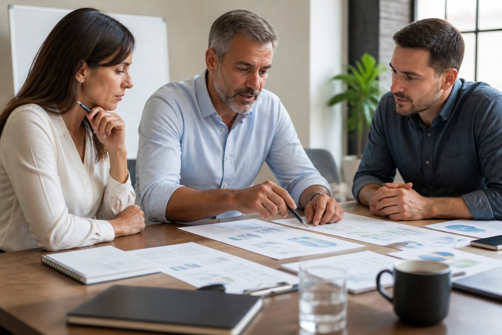 Team of professionals in a virtual meeting on a laptop screen, discussing marketing strategy and KPIs with documents, notebooks, and performance dashboards visible on the desk