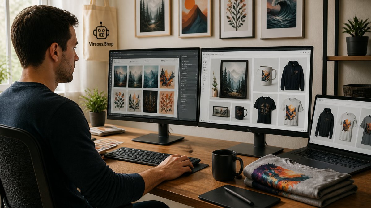 Creative professional at desk with multiple monitors displaying AI art designs and product mockups, working on customization tools with natural office lighting
