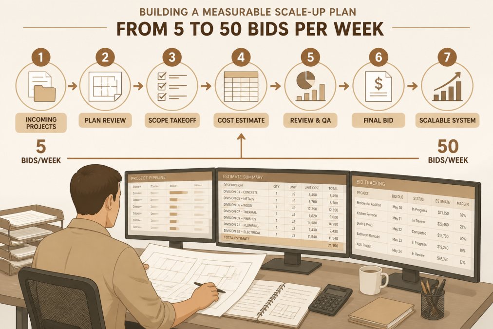 Construction business owner reviewing bid documents and project drawings at desk with multiple monitors showing organized workflow and detailed estimation spreadsheets