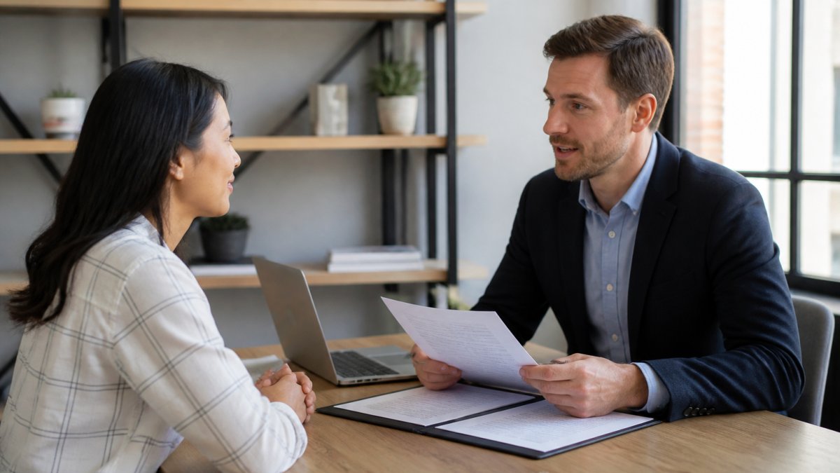 Business owner interviewing a job candidate to begin scaling a sole proprietorship in a modern office.