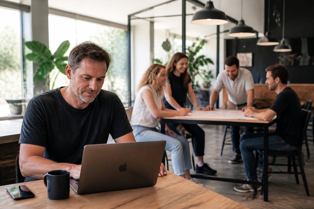 A founder working calmly at a desk while a small team collaborates in the background of a bright modern office, showing a business running without the founder at the centre of every task