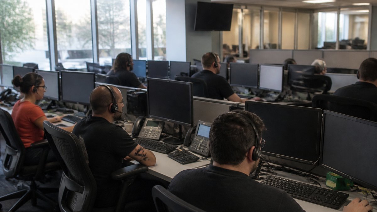 Operations team monitoring real-time call metrics on multiple screens in a control room environment, with team members reviewing performance dashboards and alerts
