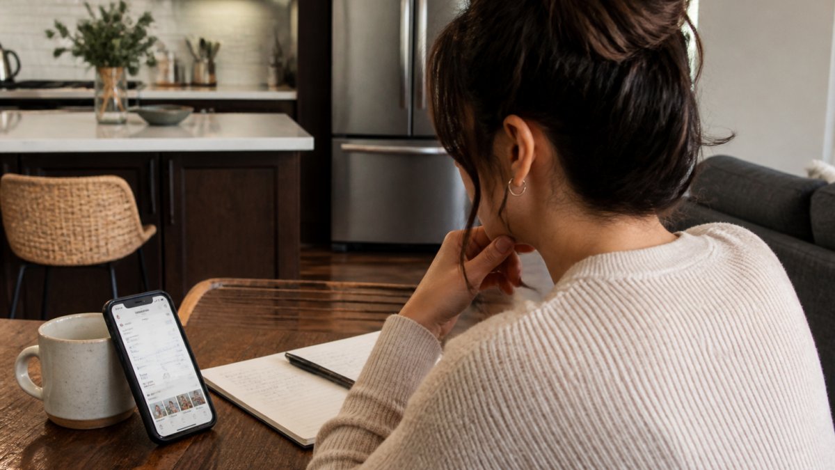 A woman sitting at a kitchen table with a smartphone propped against a mug, scrolling through Instagram analytics while a notebook and pen sit nearby