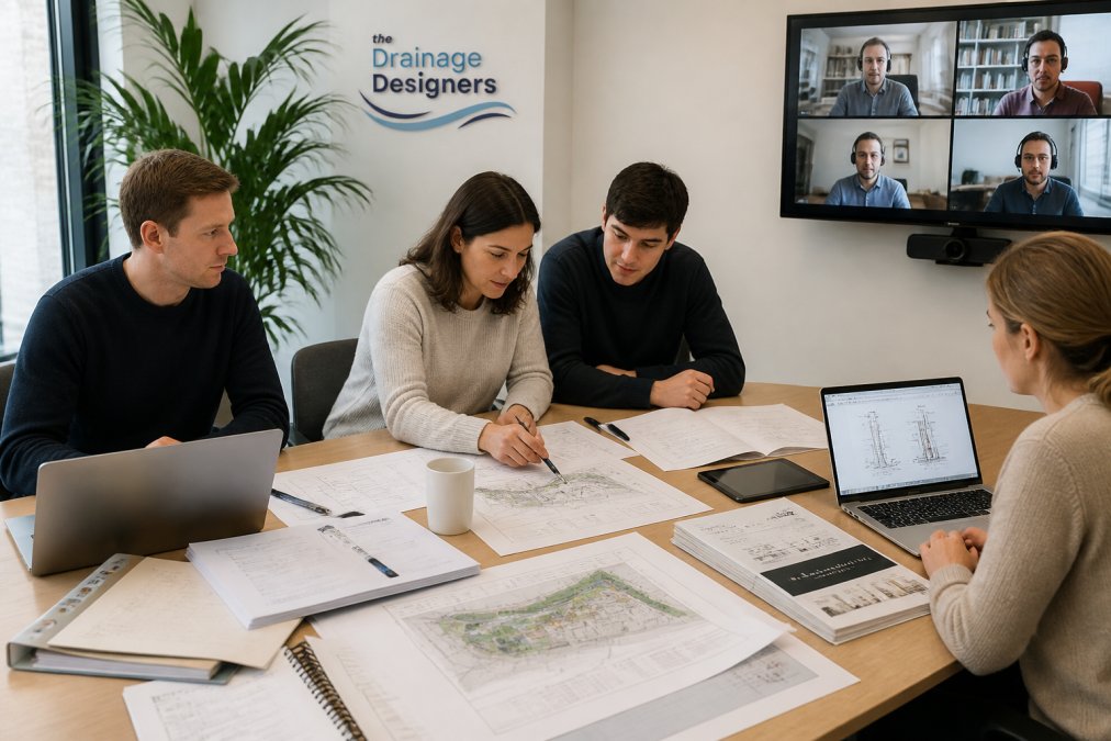 Architectural team collaborating at desk with CAD drawings, laptops, site plans, and technical documentation visible, showing both in-office and remote team members working together on drainage design