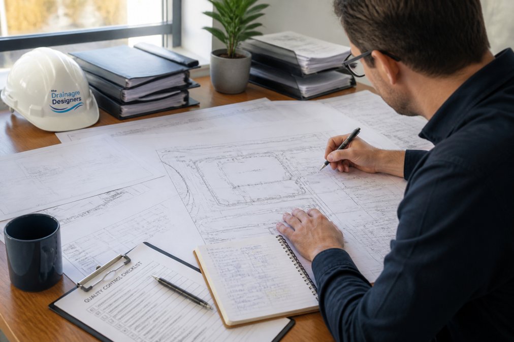 Professional reviewing technical drainage documentation and site survey plans at desk with inspection notes, compliance checklists, and CAD drawings, natural office lighting