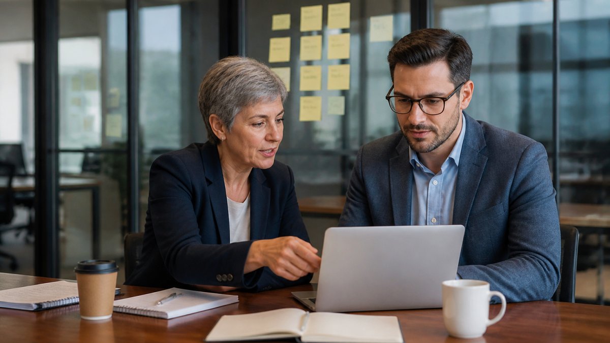 A business consultant and a sales manager reviewing a pipeline dashboard on a laptop in a modern office, with sticky notes on a glass wall behind them