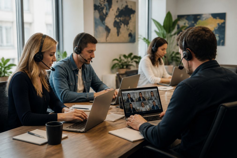 International B2B sales team on a video call while scaling B2B outbound sales across European time zones in a modern office.