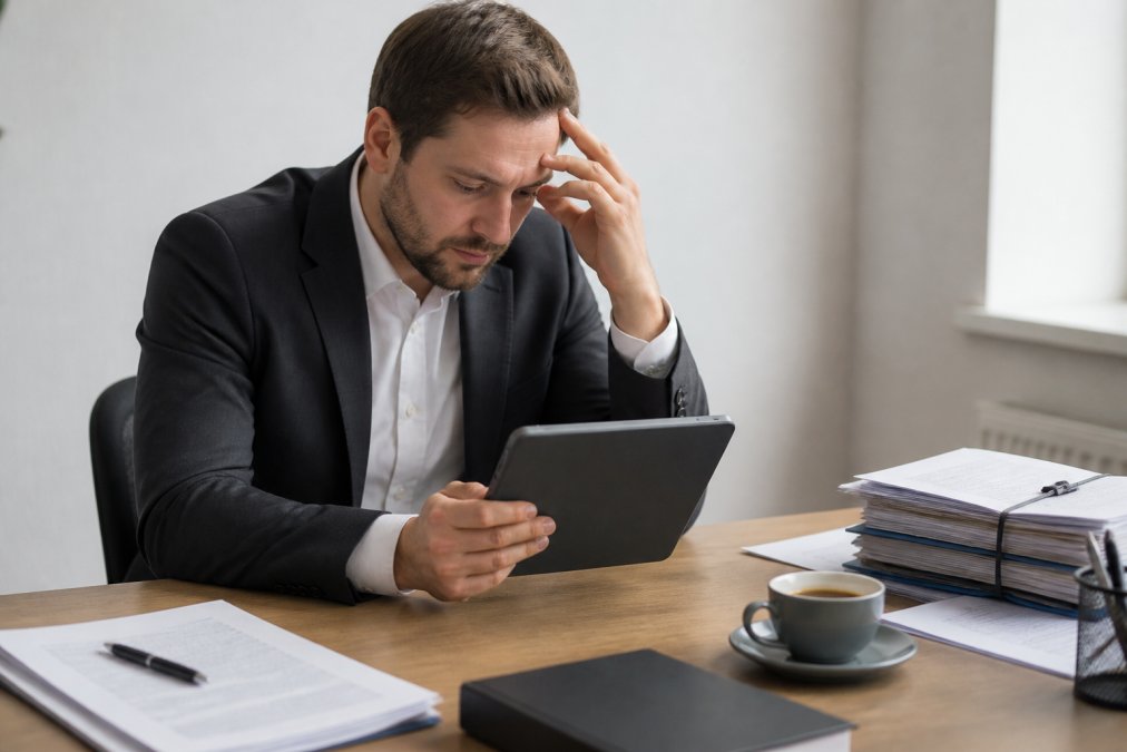 Professional reviewing GDPR compliance documents on a tablet while scaling B2B outbound sales in a secure office setting