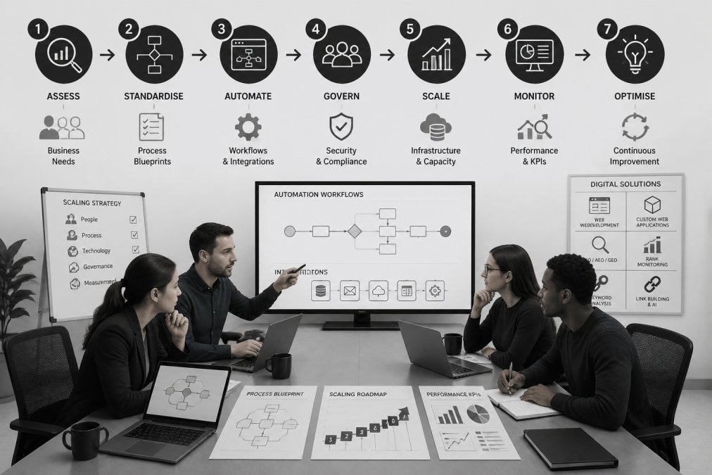 Professional team collaborating around a conference table with laptops and process documentation, reviewing automation workflows and discussing scaling strategies