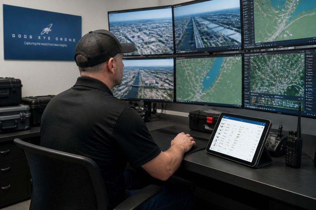 Fleet manager monitoring live drone telemetry to support scaling drone operations from a high-tech control room.