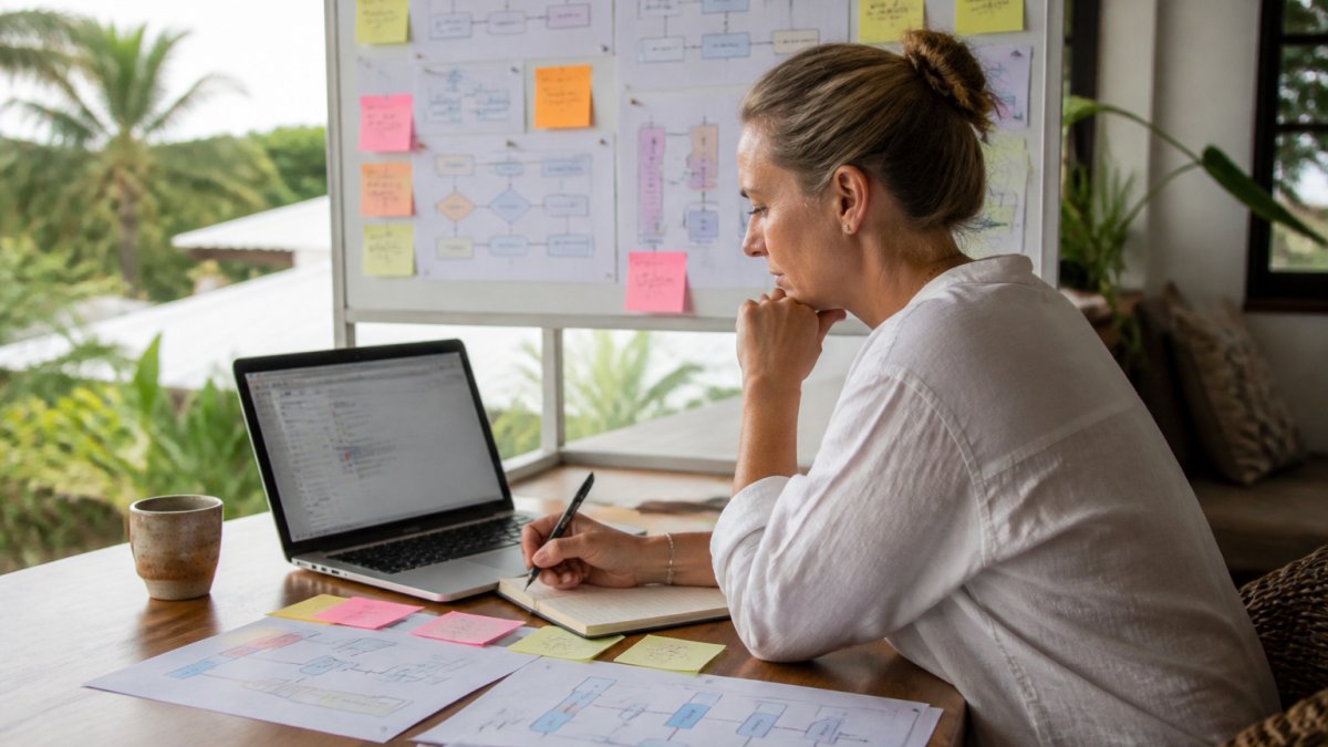 A consultant working at a desk with a laptop showing a project management dashboard, surrounded by printed process flowcharts and sticky notes on a whiteboard behind them