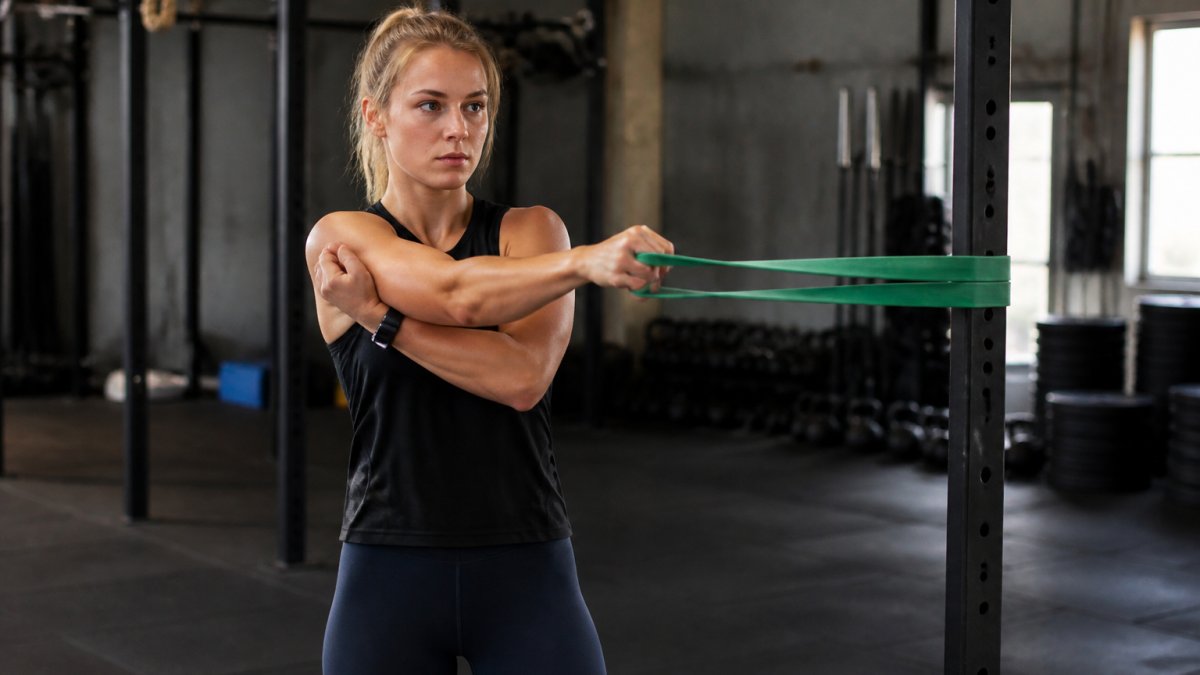 Athlete performing a banded shoulder stretch at a CrossFit rig, demonstrating proper form with elbow bent and arm pulled across chest, natural gym lighting