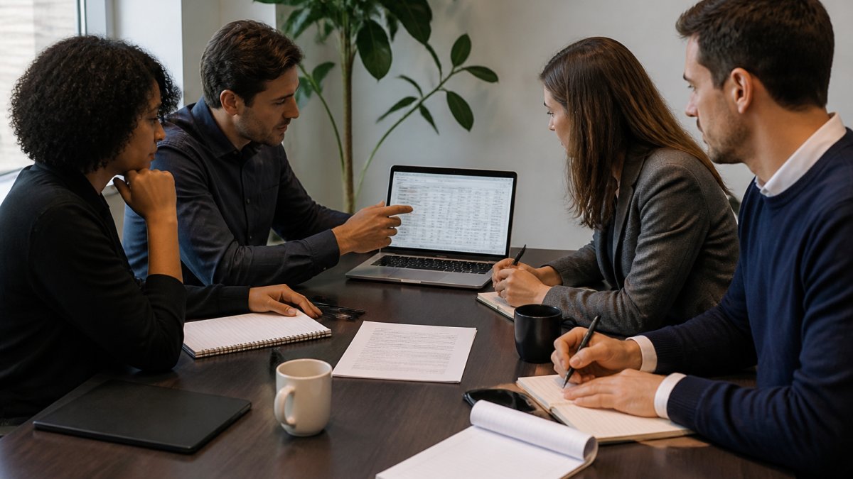 Professional business team gathered around a conference table reviewing implementation timeline and metrics on a laptop screen, with notebooks and strategy documents visible