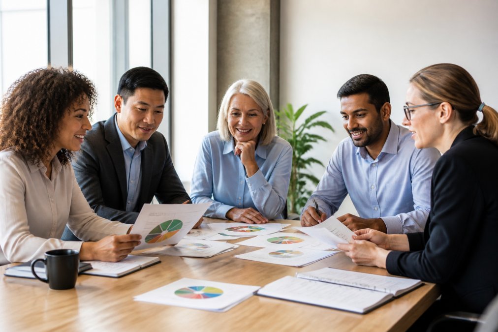 A diverse group of business professionals from different cultural backgrounds collaborating around a conference table in a bright modern office, reviewing printed personality profile reports and discussing team dynamics