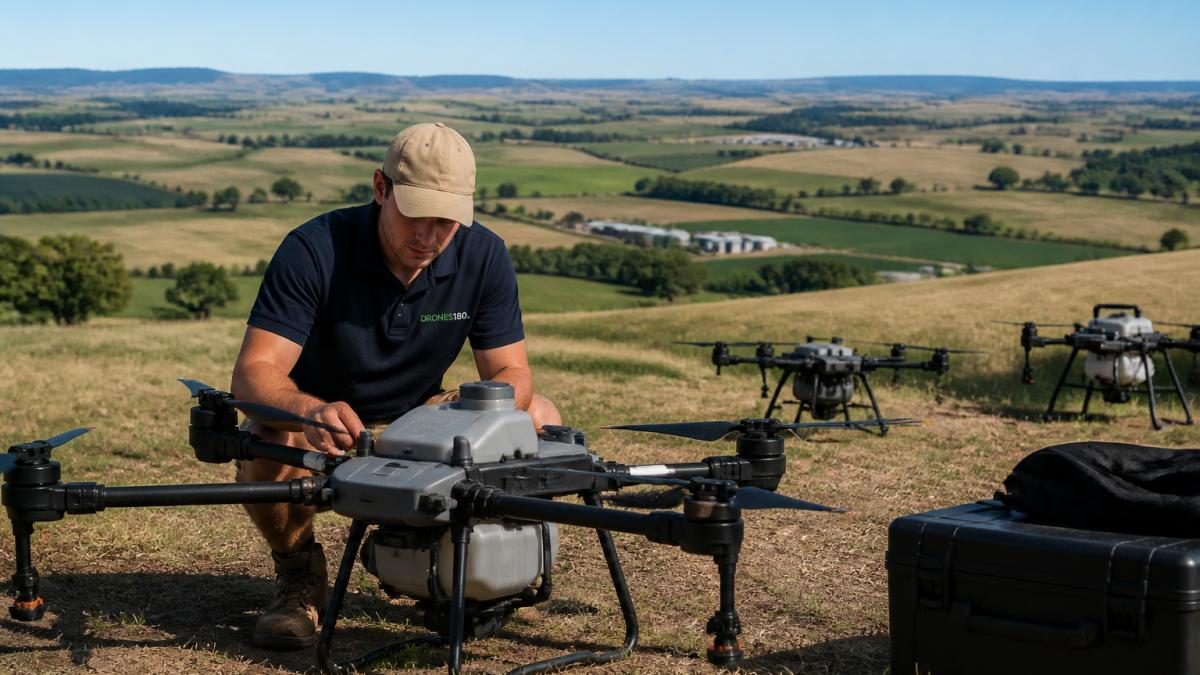 Drone operator performing pre-flight checks on an agricultural drone while scaling drone operations across farmland.