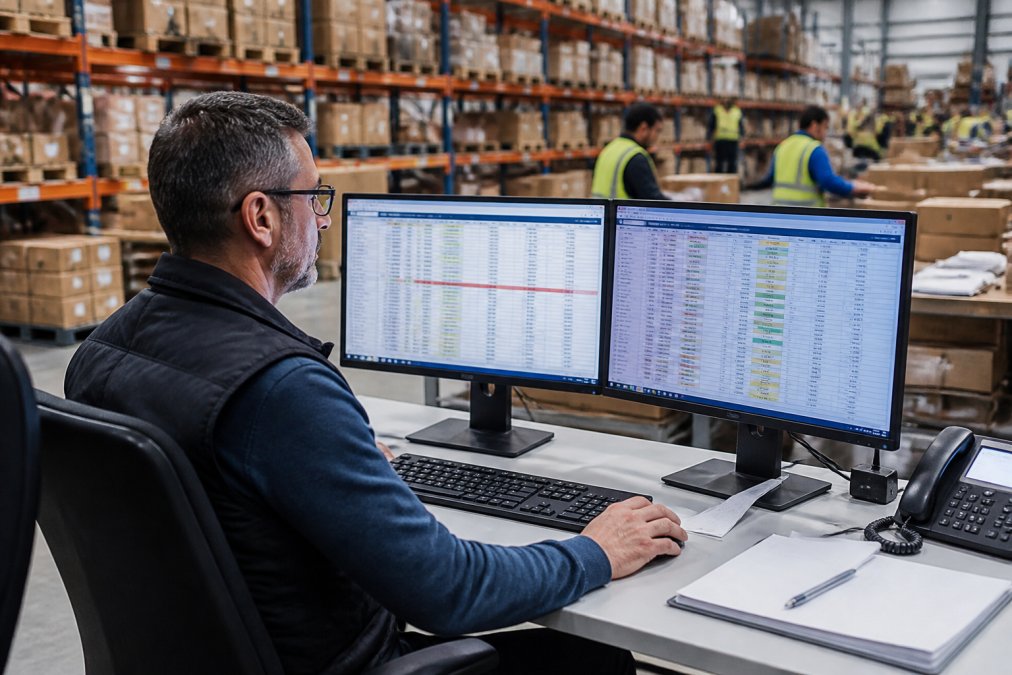 Warehouse manager reviewing real-time inventory data on multiple monitors showing stock levels across different warehouse locations while team members fulfill orders in the background