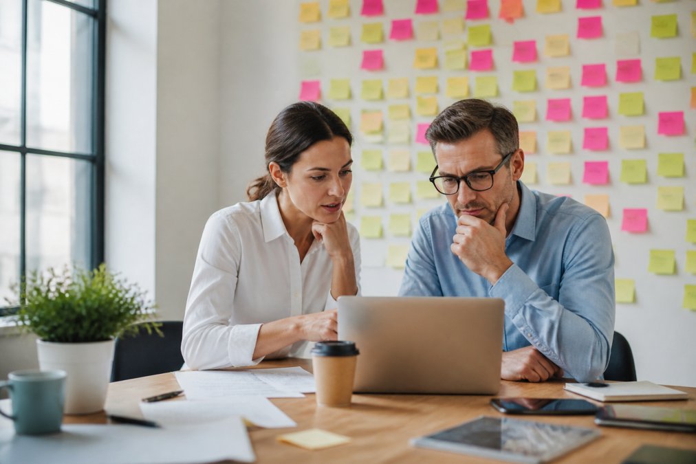 HR manager and operations director scaling HR systems by reviewing growth charts on a laptop in a modern office