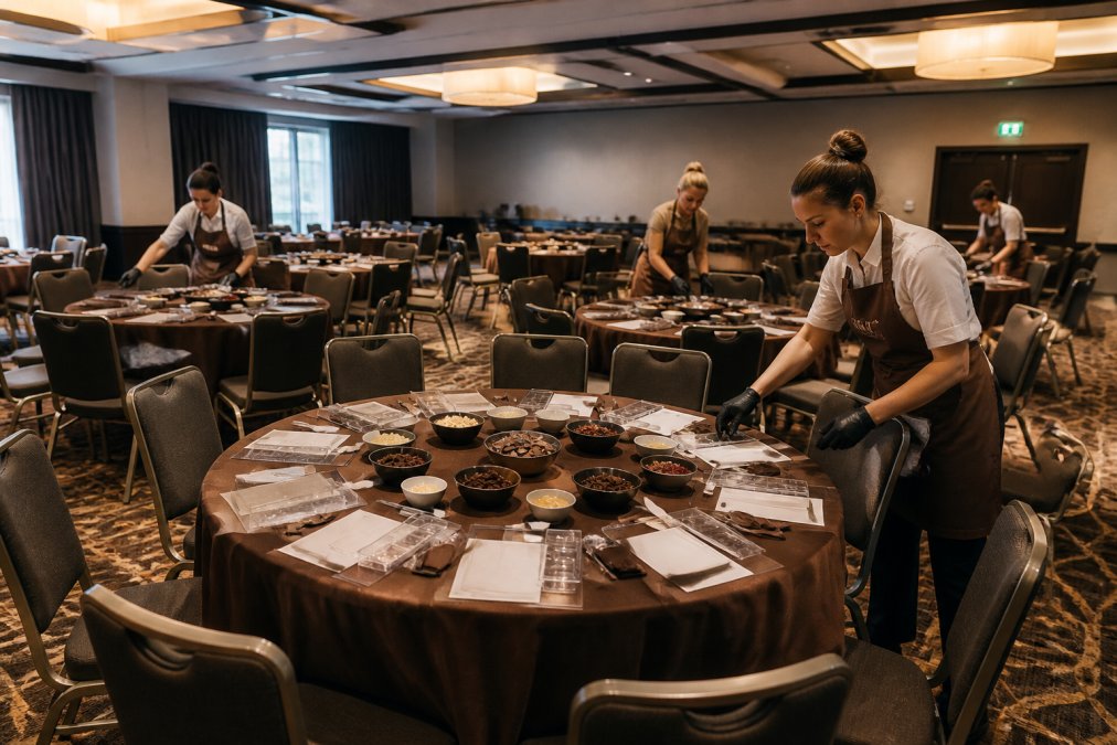 Wide shot of a well-organised event space set up for a large group workshop, with round tables laid out with chocolate-making materials, name badges at each place, and event staff in branded aprons preparing the room under warm overhead lighting