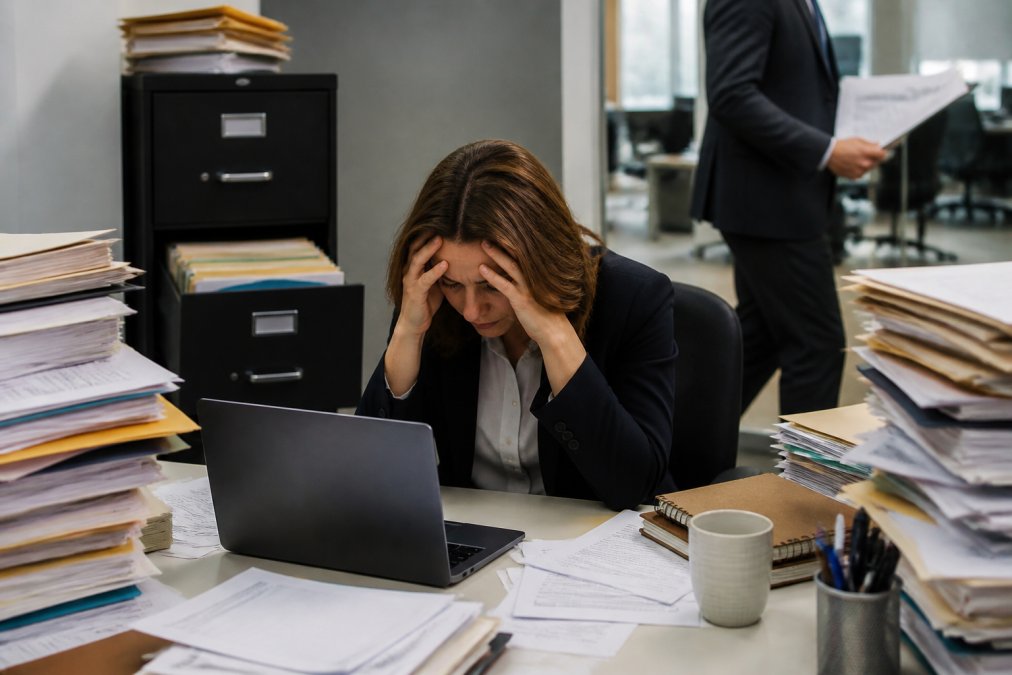 A frustrated employee at a desk surrounded by stacked folders and an open filing cabinet, laptop showing multiple browser tabs and a document library, a colleague walking by holding a printout
