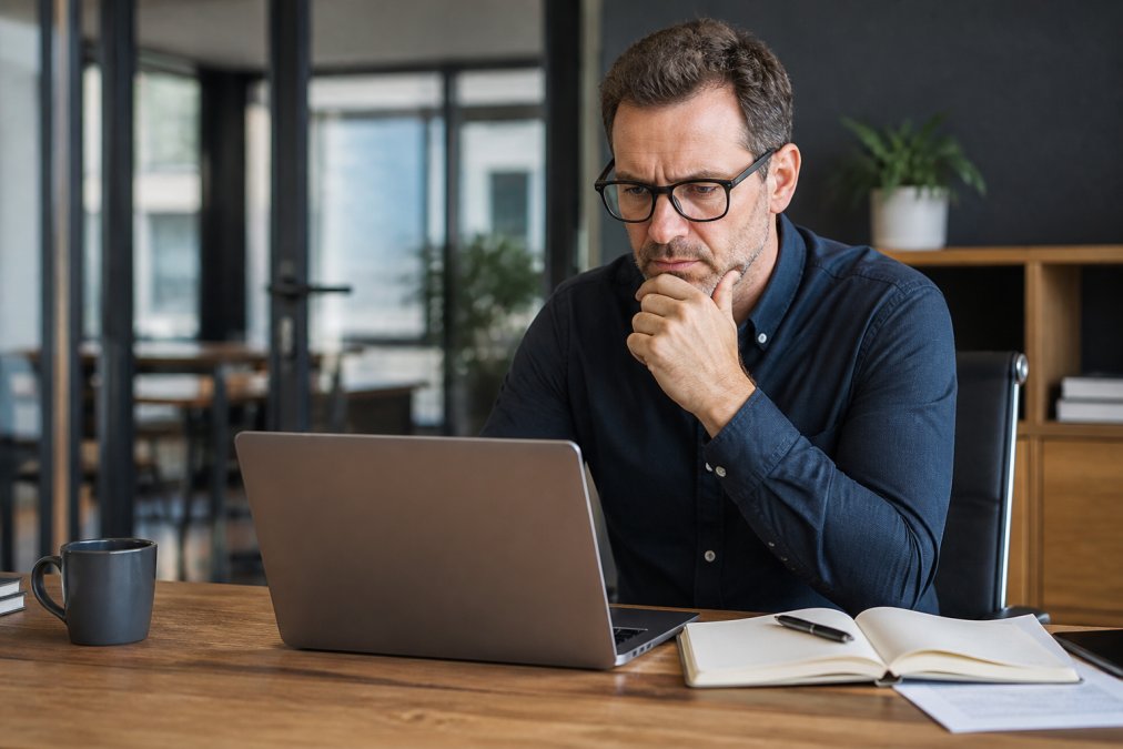 A focused business owner reviewing a revenue dashboard on a laptop in a modern consulting office, with a notepad and coffee nearby