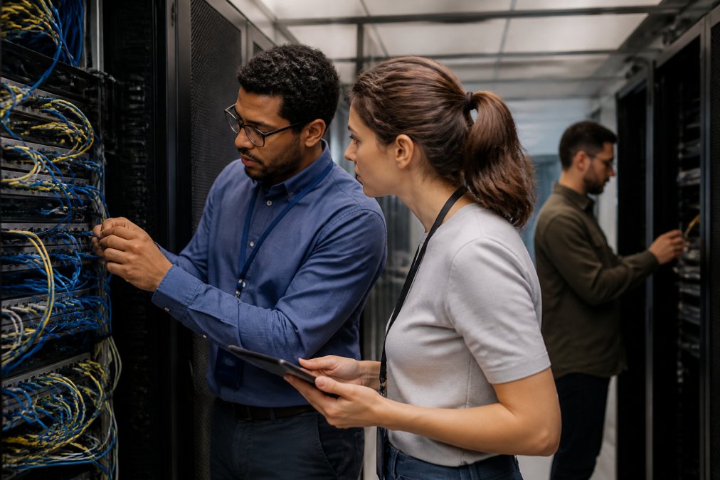IT technicians reviewing network infrastructure while scaling managed IT services in a modern office environment