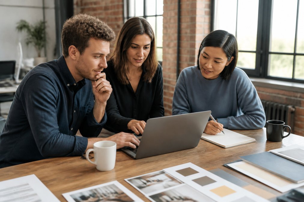 Small marketing team members collaborating around a desk, reviewing priorities on a laptop and notepad with coffee nearby, natural office lighting