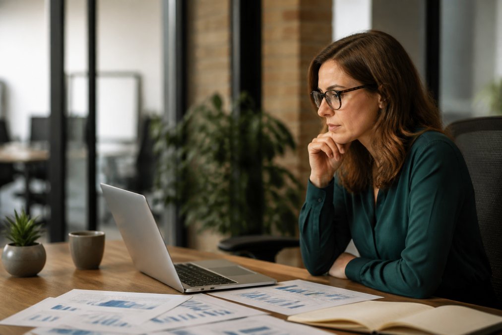 Marketing professional reviewing analytics dashboard on a monitor in a modern office environment, focused expression with multiple metrics visible