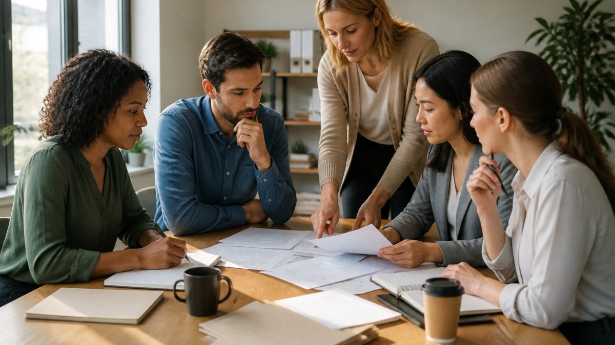 Mental health practitioners and administrative staff collaborating in a modern clinic office, reviewing documents and discussing practice strategy at a conference table with natural lighting