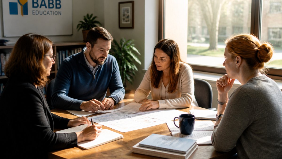 A small team of instructional designers and faculty members collaborating around a table with laptops and printed course planning documents in a university office, warm afternoon light through the windows