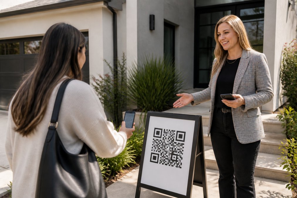 Real estate agent holding a smartphone outside a home with a printed QR code sign visible on an a-frame stand, showing a visitor about to scan the code with natural outdoor lighting