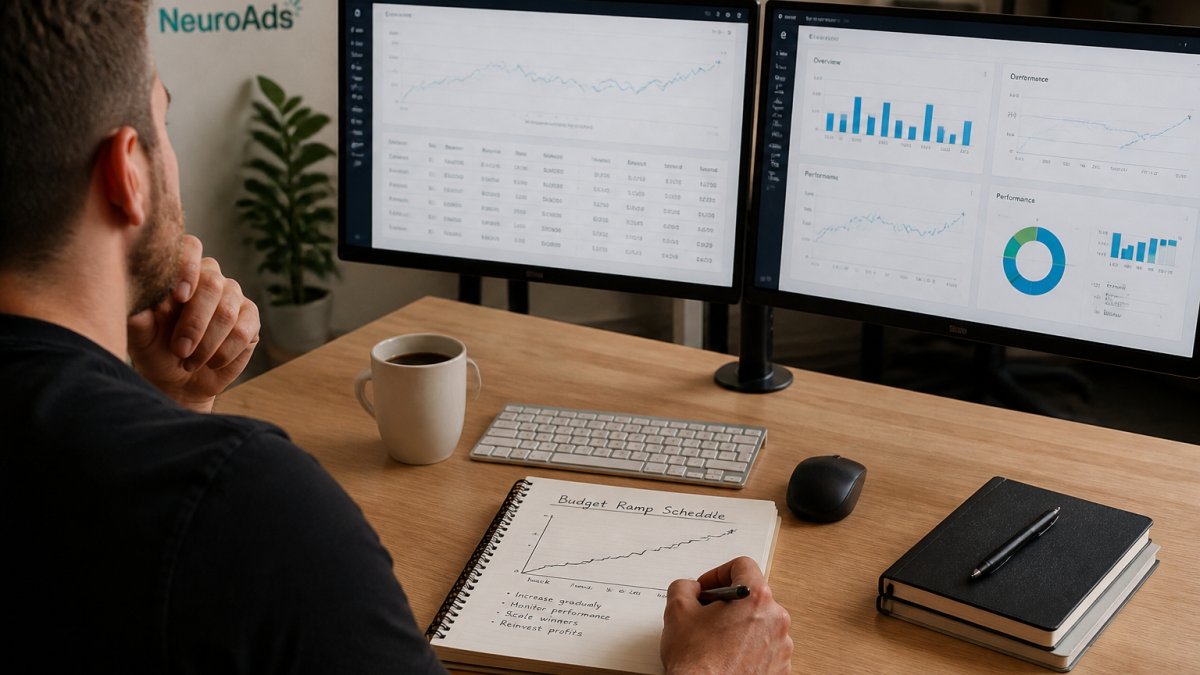 A paid media manager at a desk reviewing ad spend dashboards on two monitors, with a notebook showing a hand-drawn budget ramp schedule and a coffee cup nearby